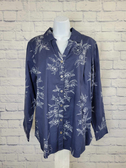 LARGE INDIGIO A544700 Denim & Co. Canyon Retreat Printed Poplin Curved Hem Shirt