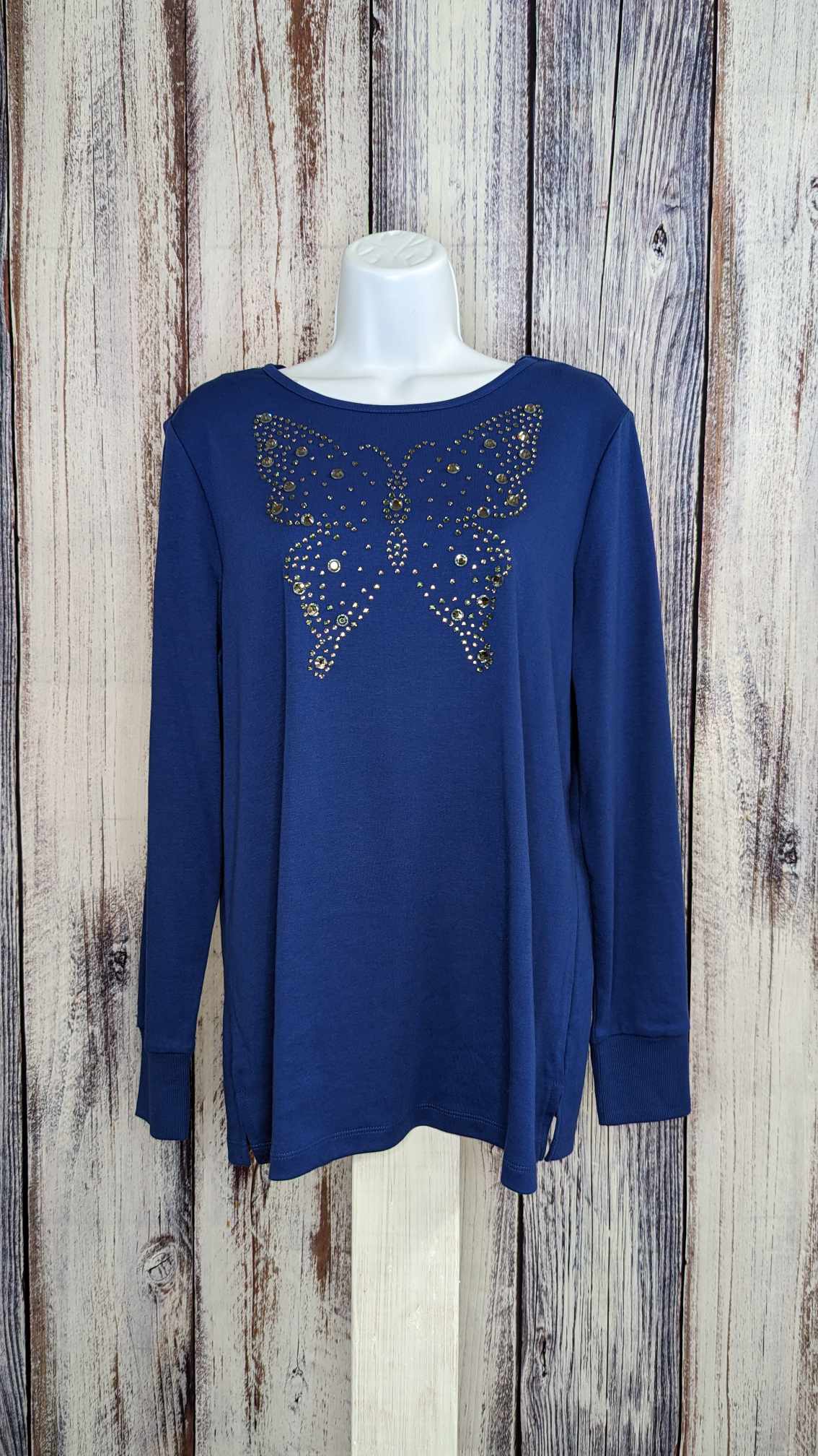 MEDIUM NAVY A612399 Quacker Factory Fall Flutter Long Sleeve Top w/ Cuffs