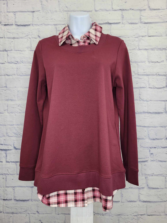 XSMALL WINE A522963 Denim & Co. French Terry 2Fer Top with Printed Shirt Collar and Hem