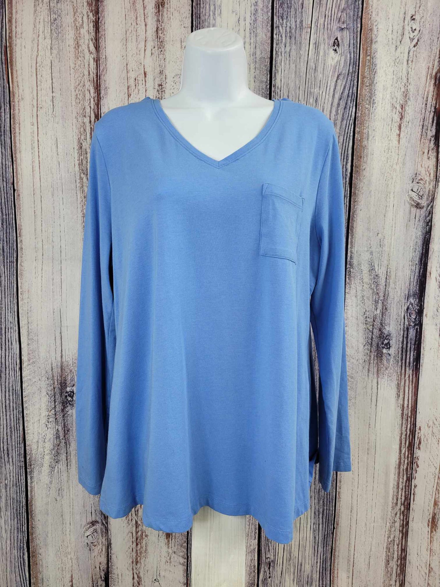 LARGE BLUE A385194 Isaac Mizrahi Live! V-Neck Knit Top with Chest Pocket