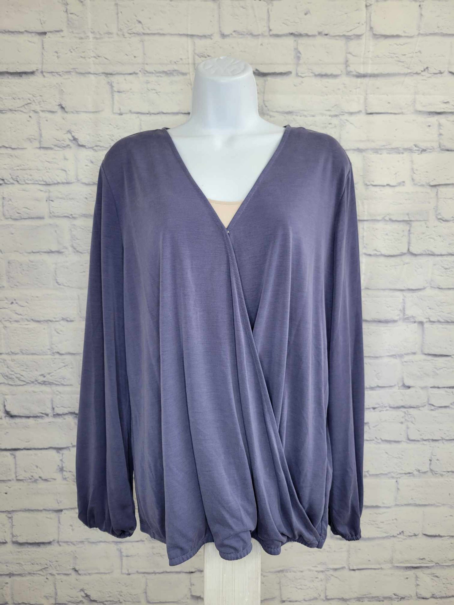 1X MUTED INDIGO A451978 Susan Graver Sueded Jersey Faux Wrap Top