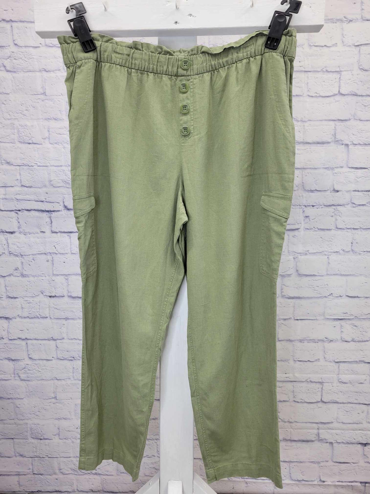 XLARGE SAGE A393758 Susan Graver Regular Linen Blend Pull-On Cargo Ankle Pants