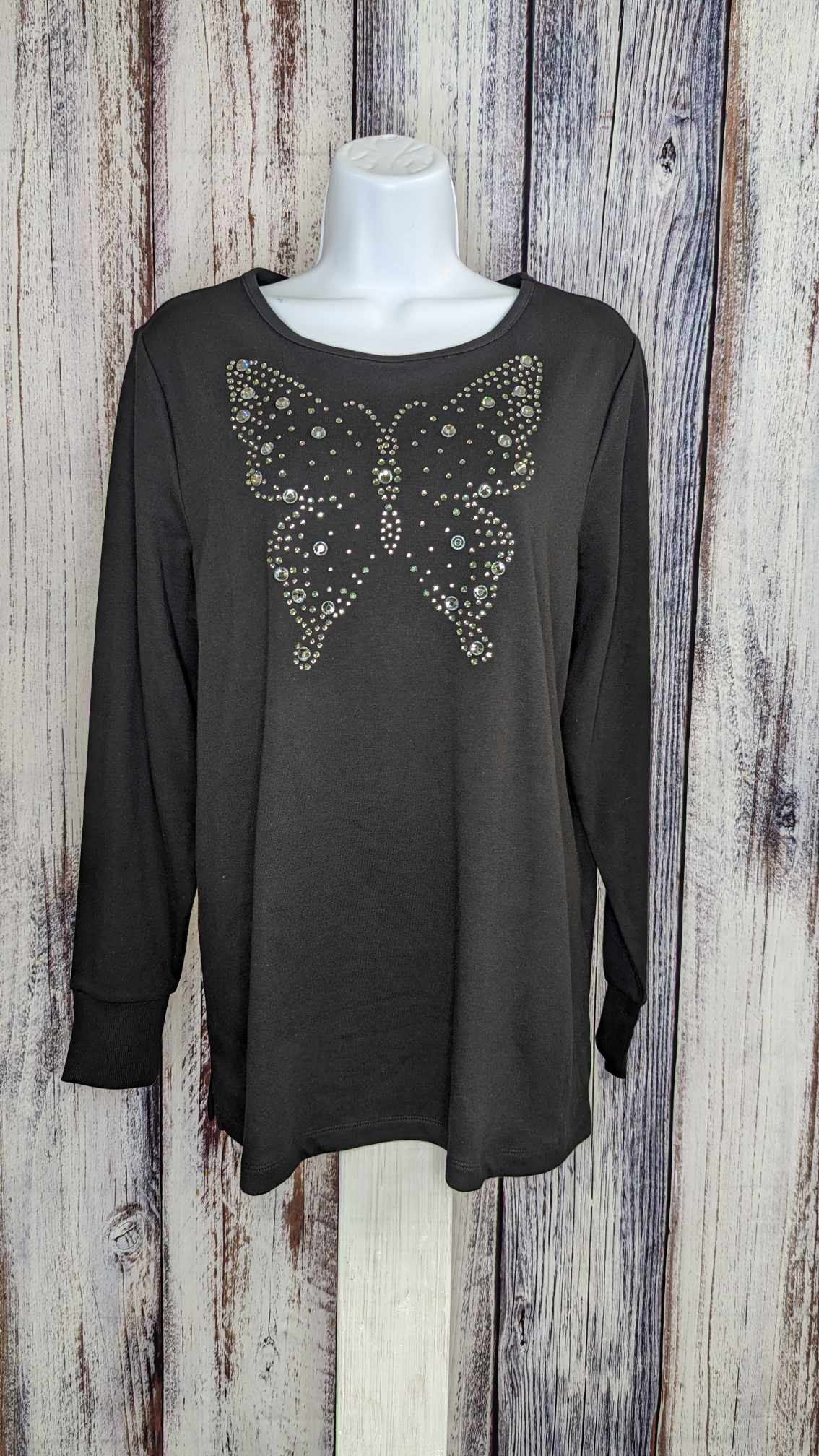 SMALL BLACK A612399 Quacker Factory Fall Flutter Long Sleeve Top w/ Cuffs