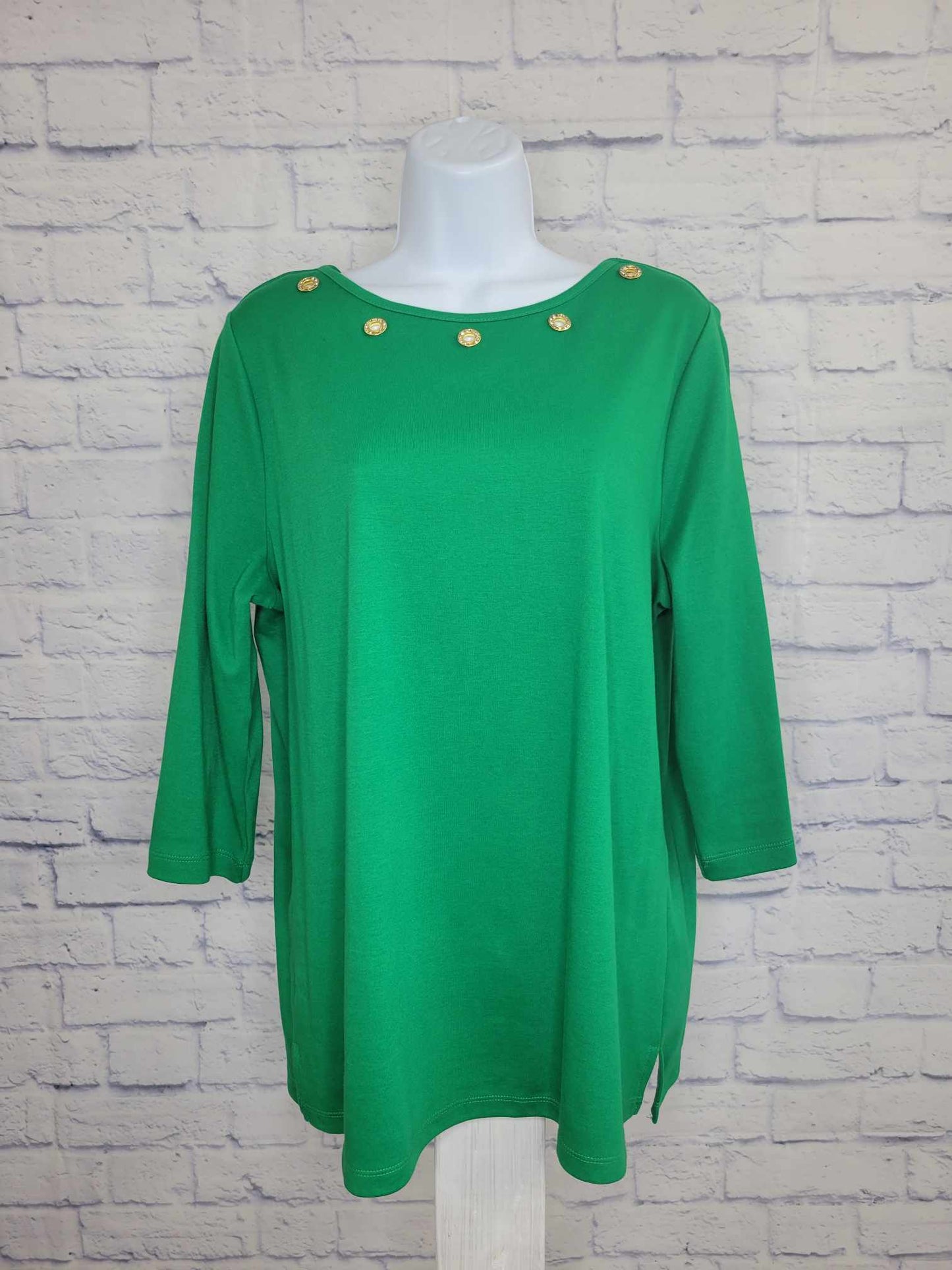 XXSMALL GREEN A493087 Quacker Factory Boat Neck 3/4 Sleeve Top