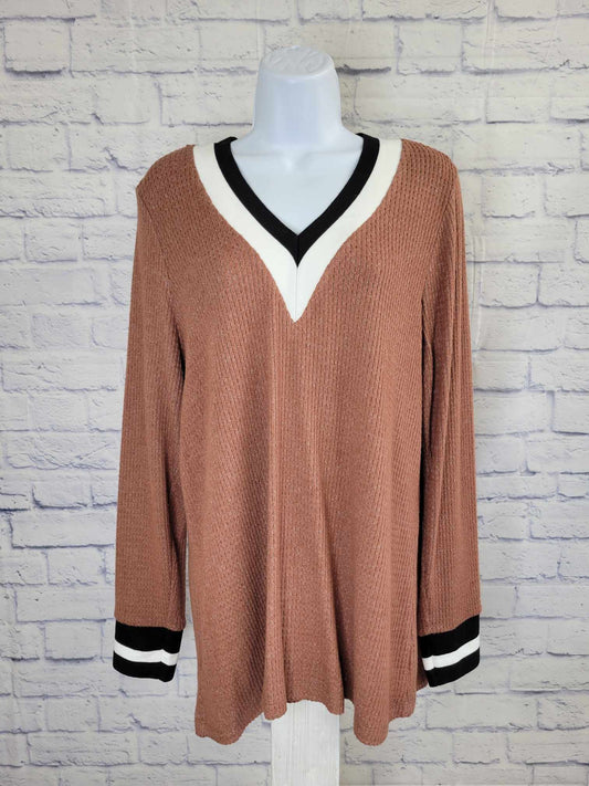 XLARGE SALTED CARAMEL A467189 Susan Graver Weekend Brushed Waffle Knit Top w/Striped Rib Trim