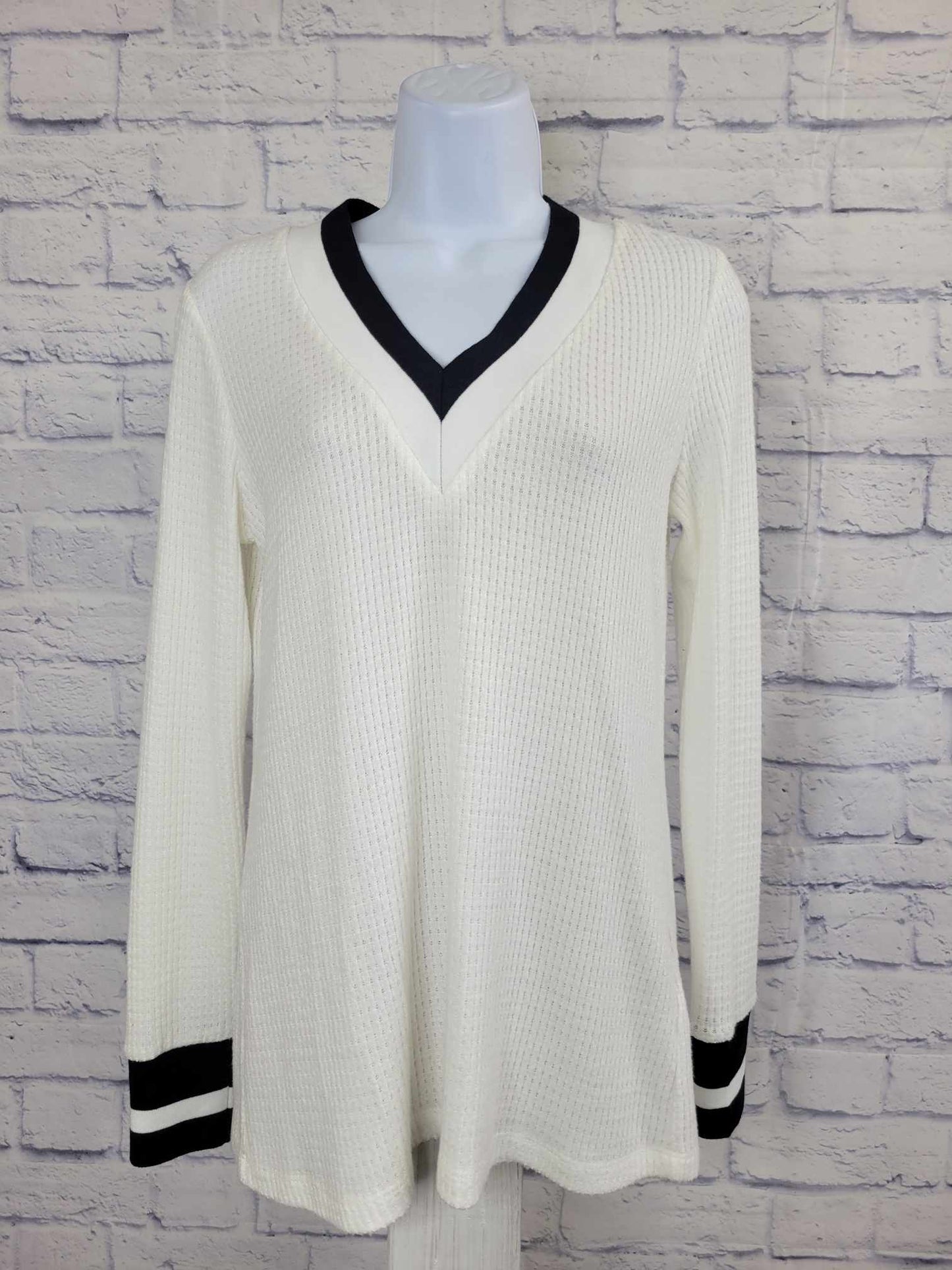 SMALL IVORY A467189 Susan Graver Weekend Brushed Waffle Knit Top w/Striped Rib Trim
