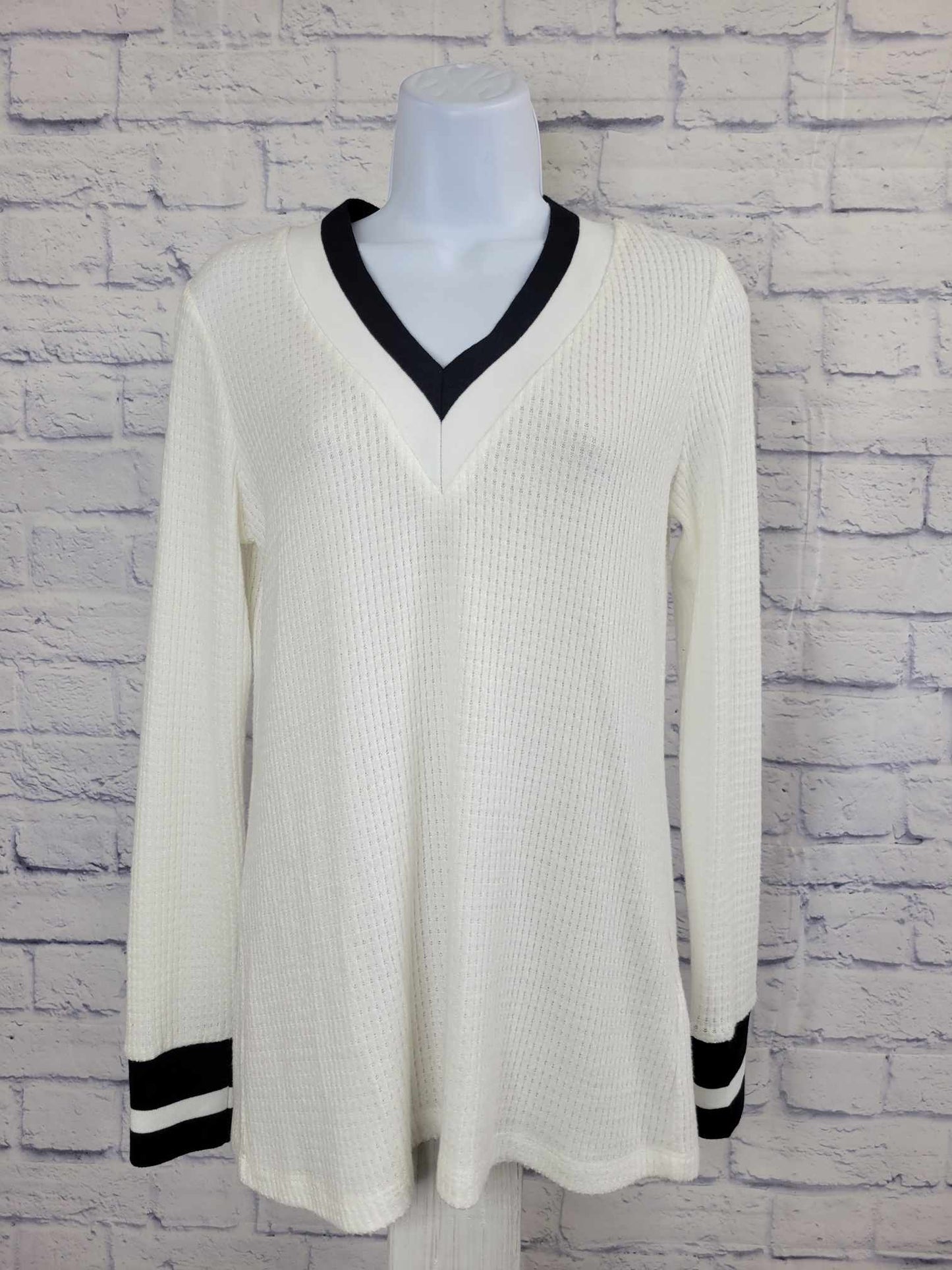 XXSMALL IVORY A467189 Susan Graver Weekend Brushed Waffle Knit Top w/Striped Rib Trim