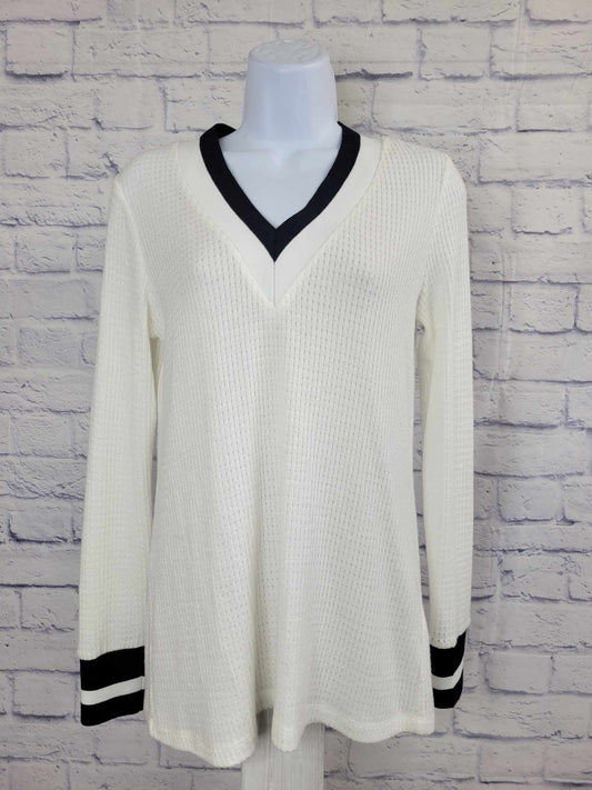 XXSMALL IVORY A467189 Susan Graver Weekend Brushed Waffle Knit Top w/Striped Rib Trim