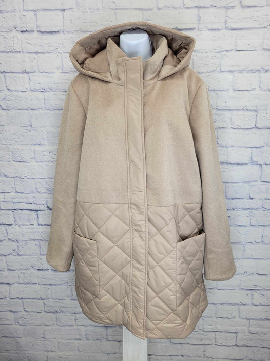 XLARGE FAWN A523230 Dennis Basso Mixed Media Quilted Jacket with Hood