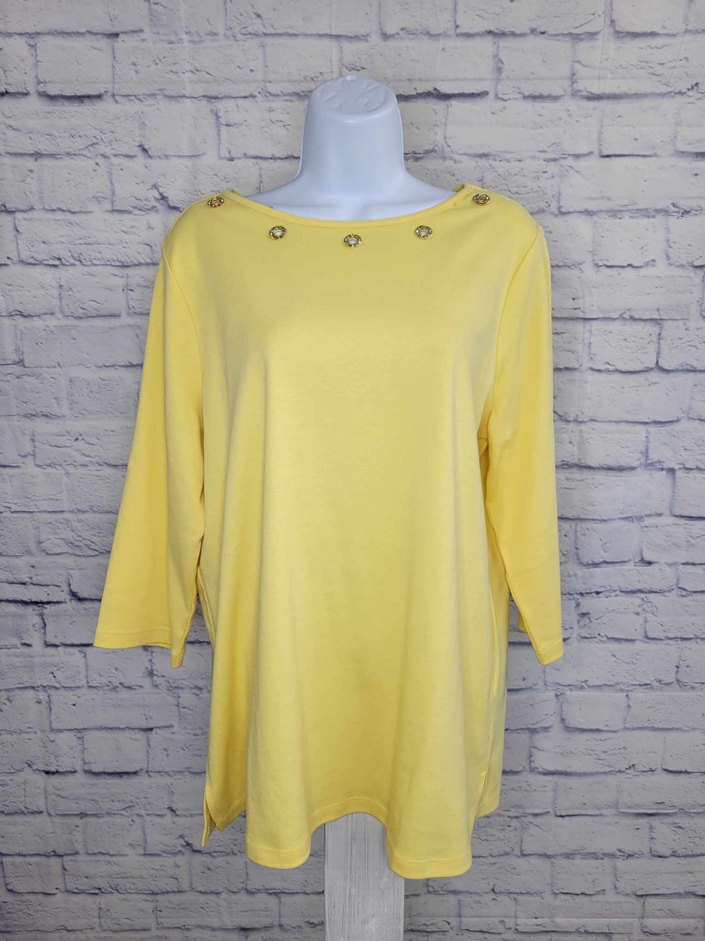 LARGE YELLOW A493087 Quacker Factory Boat Neck 3/4 Sleeve Top