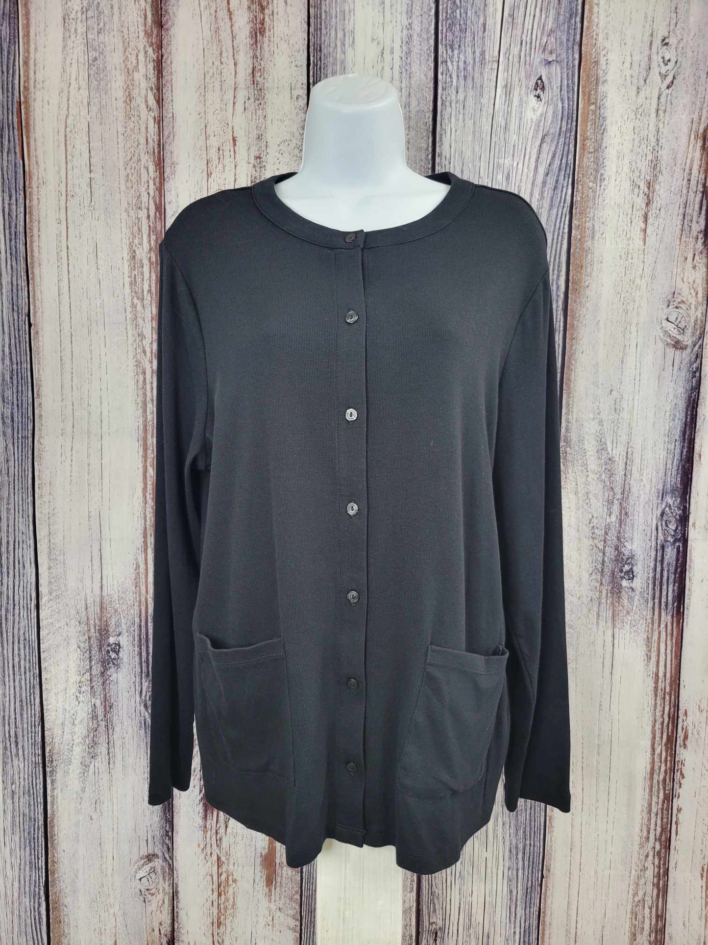 LARGE BLACK A515561 Isaac Mizrahi Live! Essentials Ribbed Pima Cotton Cardigan