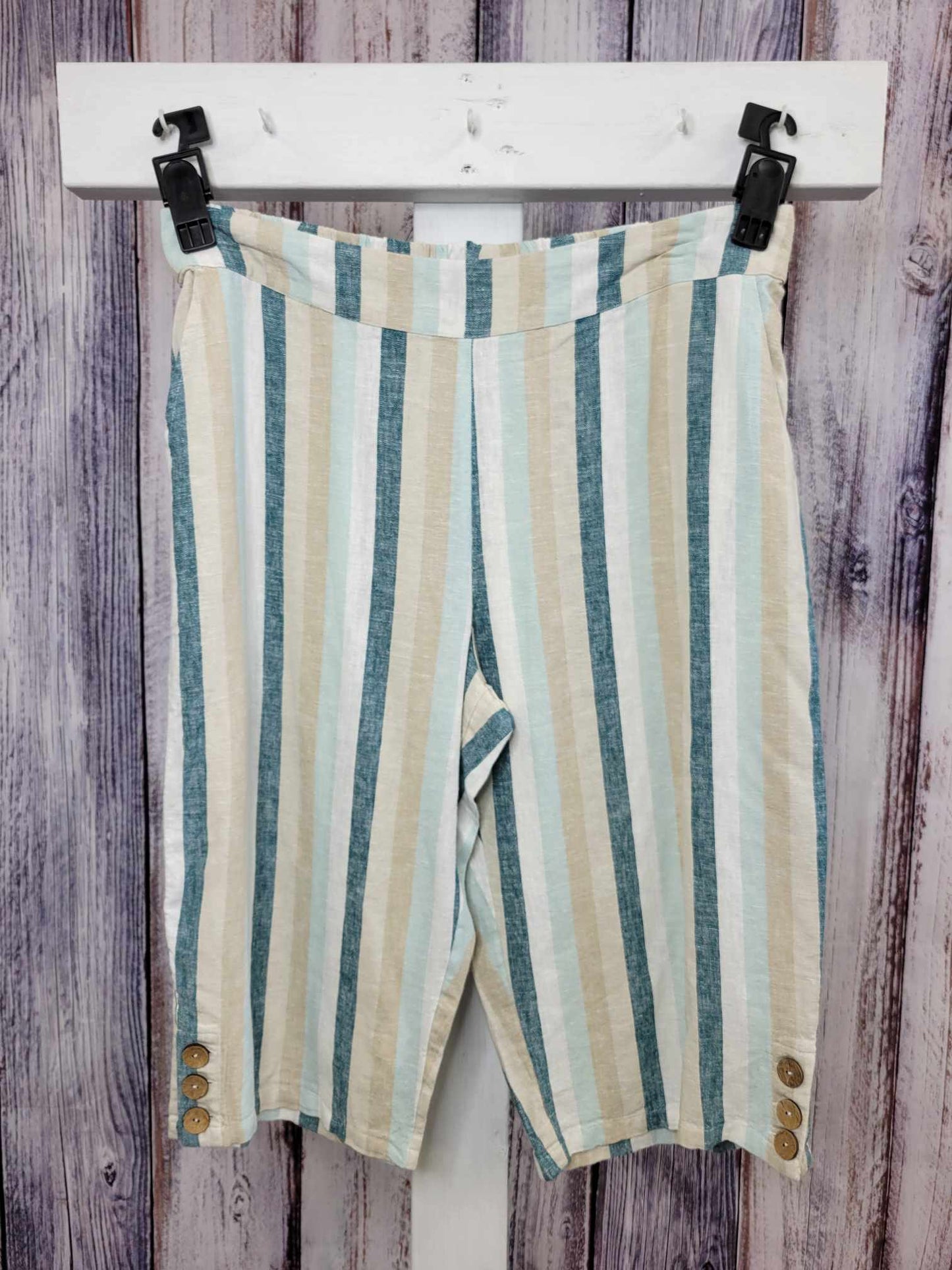 LARGE SPRUCE STRIPE A396108 Denim & Co. Naturals Linen Blend Skimmers with Button Detail