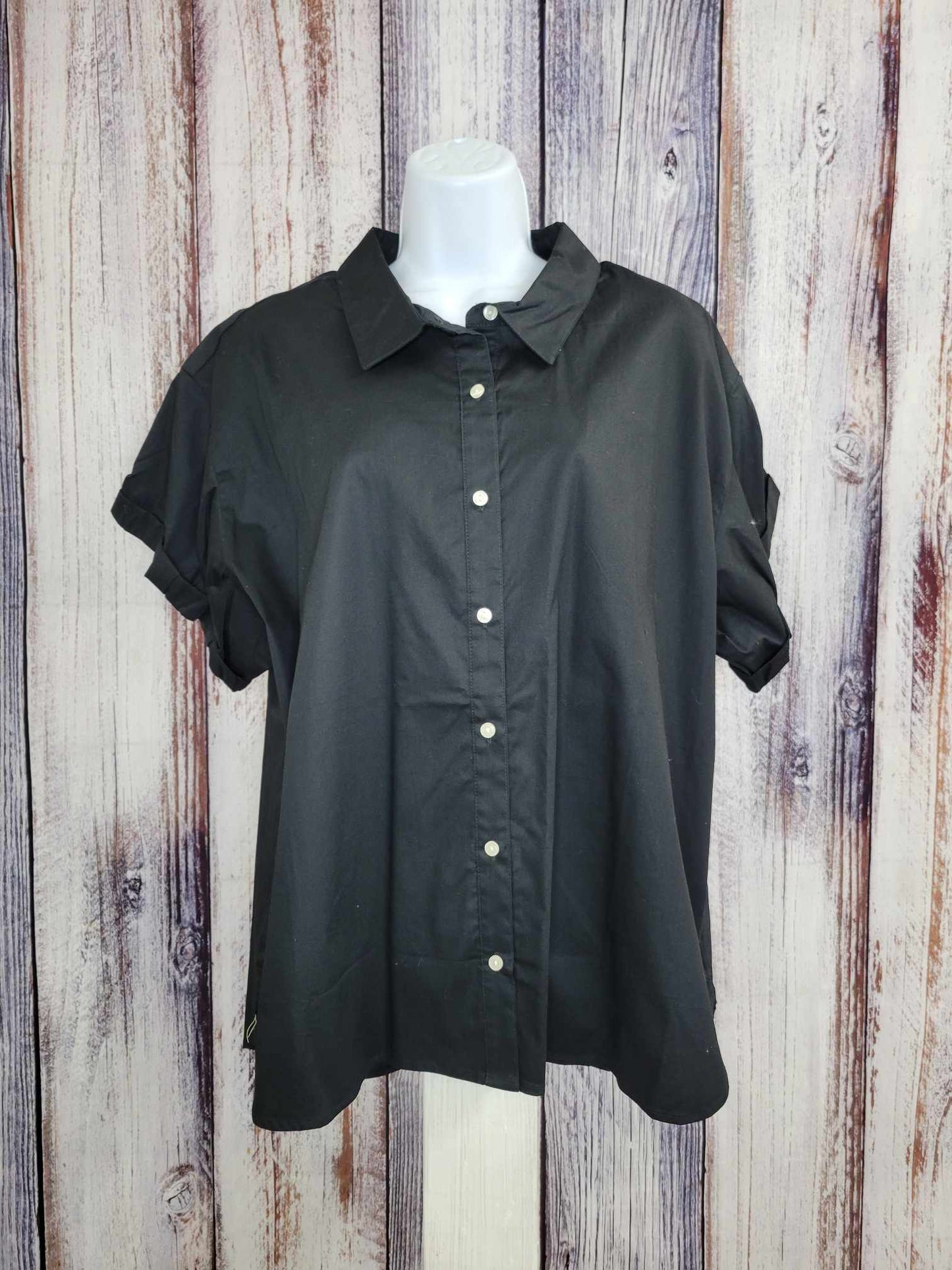 LARGE BLACK A480585 Candace Cameron Bure Stretch Poplin Short-Sleeve Shirt