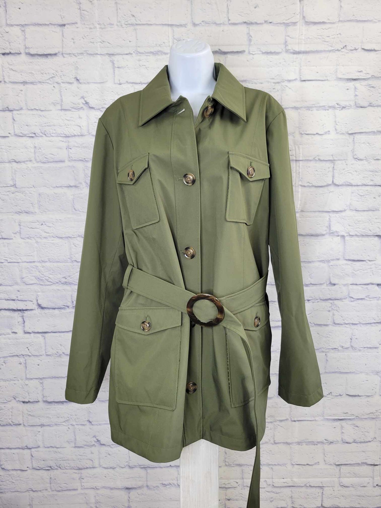 LARGE OLIVE A392453 Dennis Basso Water Resistant 4-Pocket Safari Trench