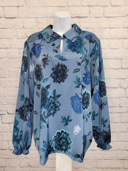 XLARGE BLUE FLORAL A621236 Denim & Co. Canyon Retreat Printed Long Sleeve Silky Blouse