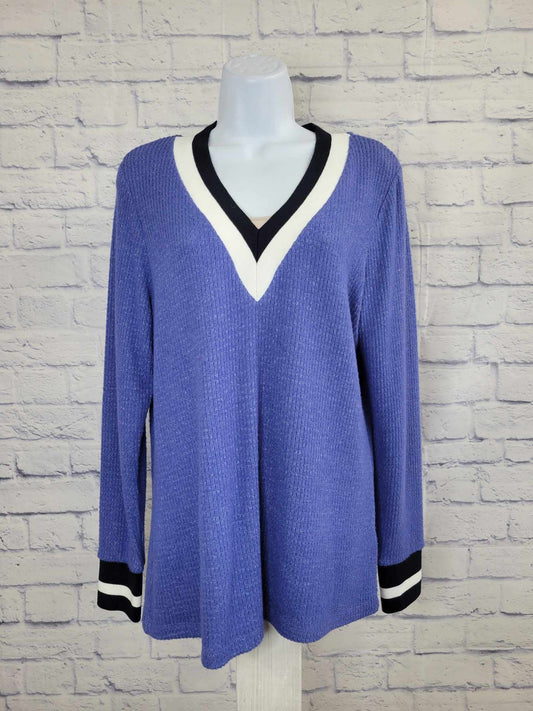 SMALL BLUE A467189 Susan Graver Weekend Brushed Waffle Knit Top w/Striped Rib Trim