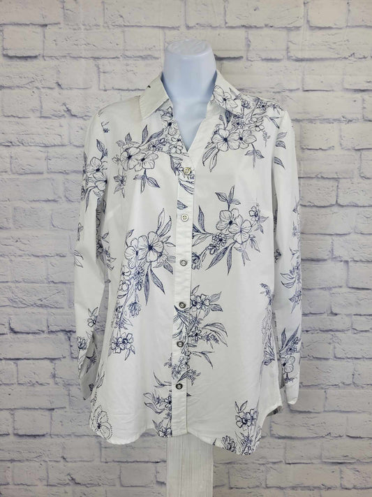 XXSMALL WHITE A544700 Denim & Co. Canyon Retreat Printed Poplin Curved Hem Shirt