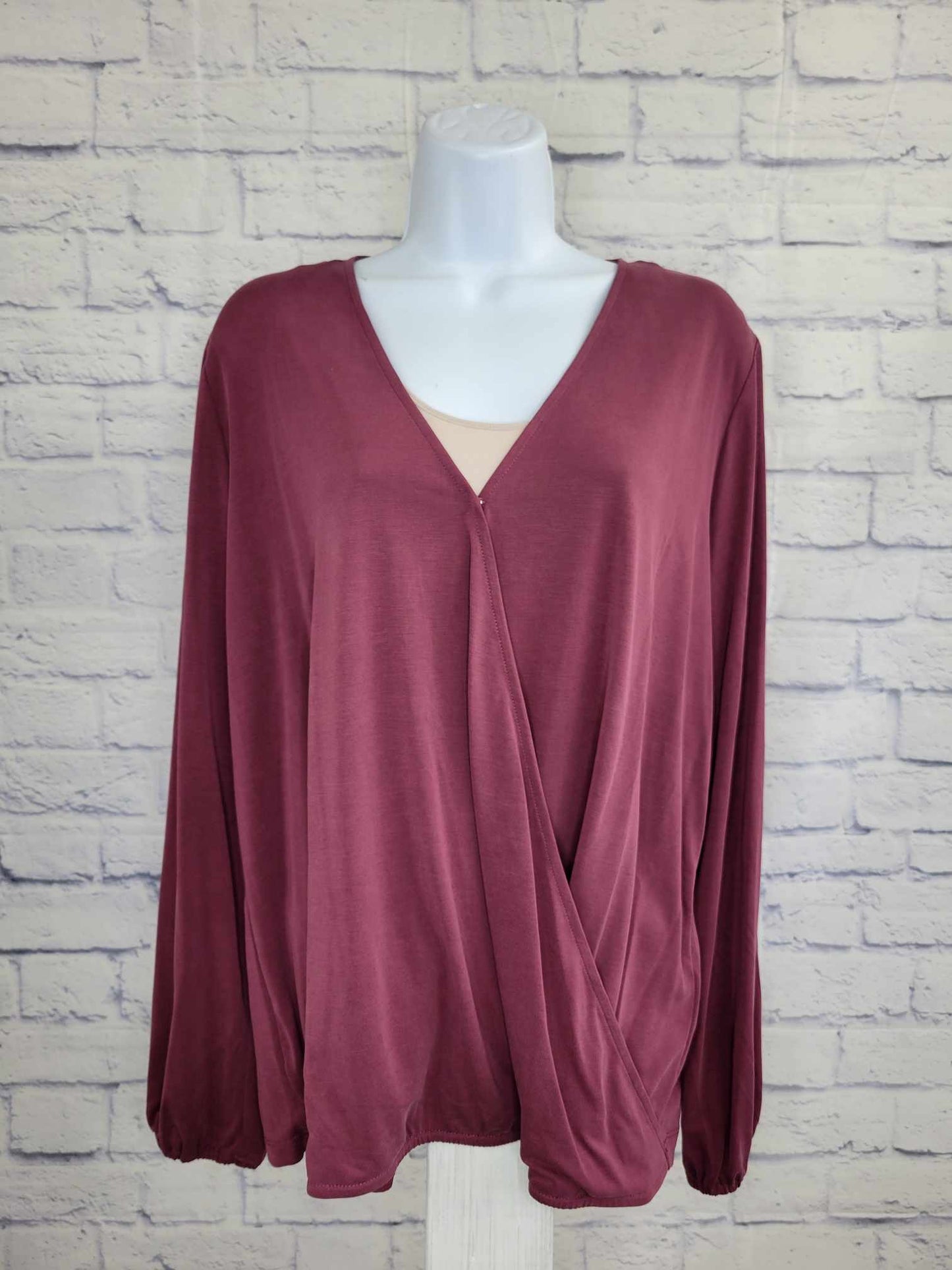 LARGE VINTAGE BERRY A451978 Susan Graver Sueded Jersey Faux Wrap Top