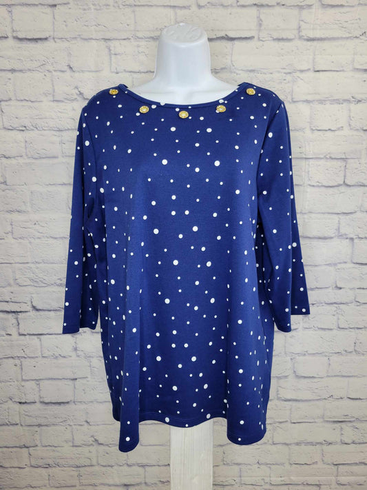 LARGE NAVY A493087 Quacker Factory Polka Dot Boat Neck 3/4 Sleeve Top