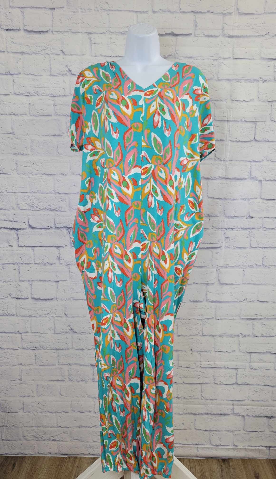 LARGE AQUA A592753 AnyBody Cozy Knit Jersey Jumpsuit with Back Smocking