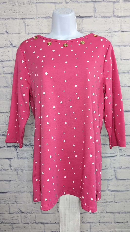 SMALL HOT PINK A493087 Quacker Factory Polka Dot Boat Neck 3/4 Sleeve Top