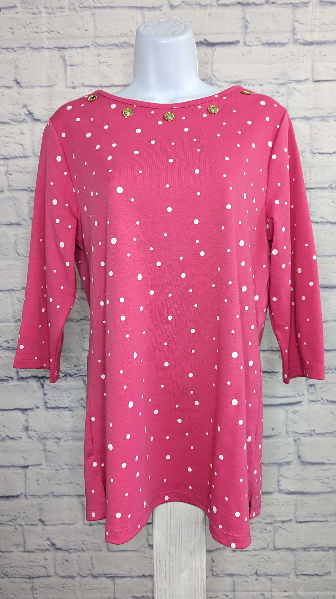 XXSMALL HOT PINK A493087 Quacker Factory Polka Dot Boat Neck 3/4 Sleeve Top