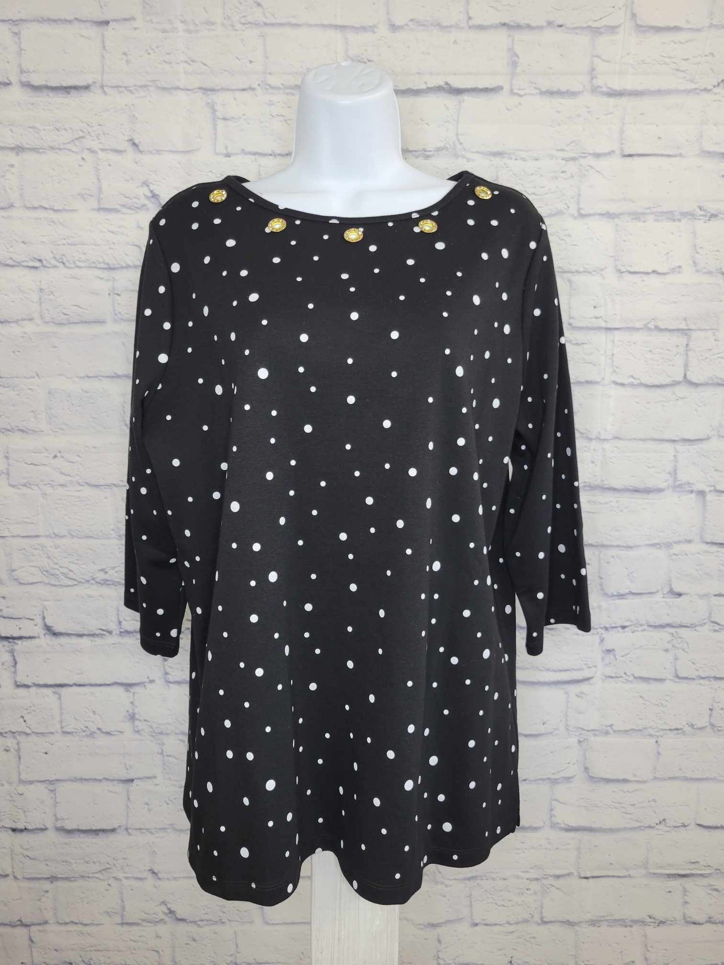 XXSMALL BLACK A493087 Quacker Factory Polka Dot Boat Neck 3/4 Sleeve Top