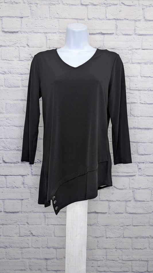 XXSMALL BLACK A393724 Susan Graver Regular Liquid Knit Top w Button Detail tunic