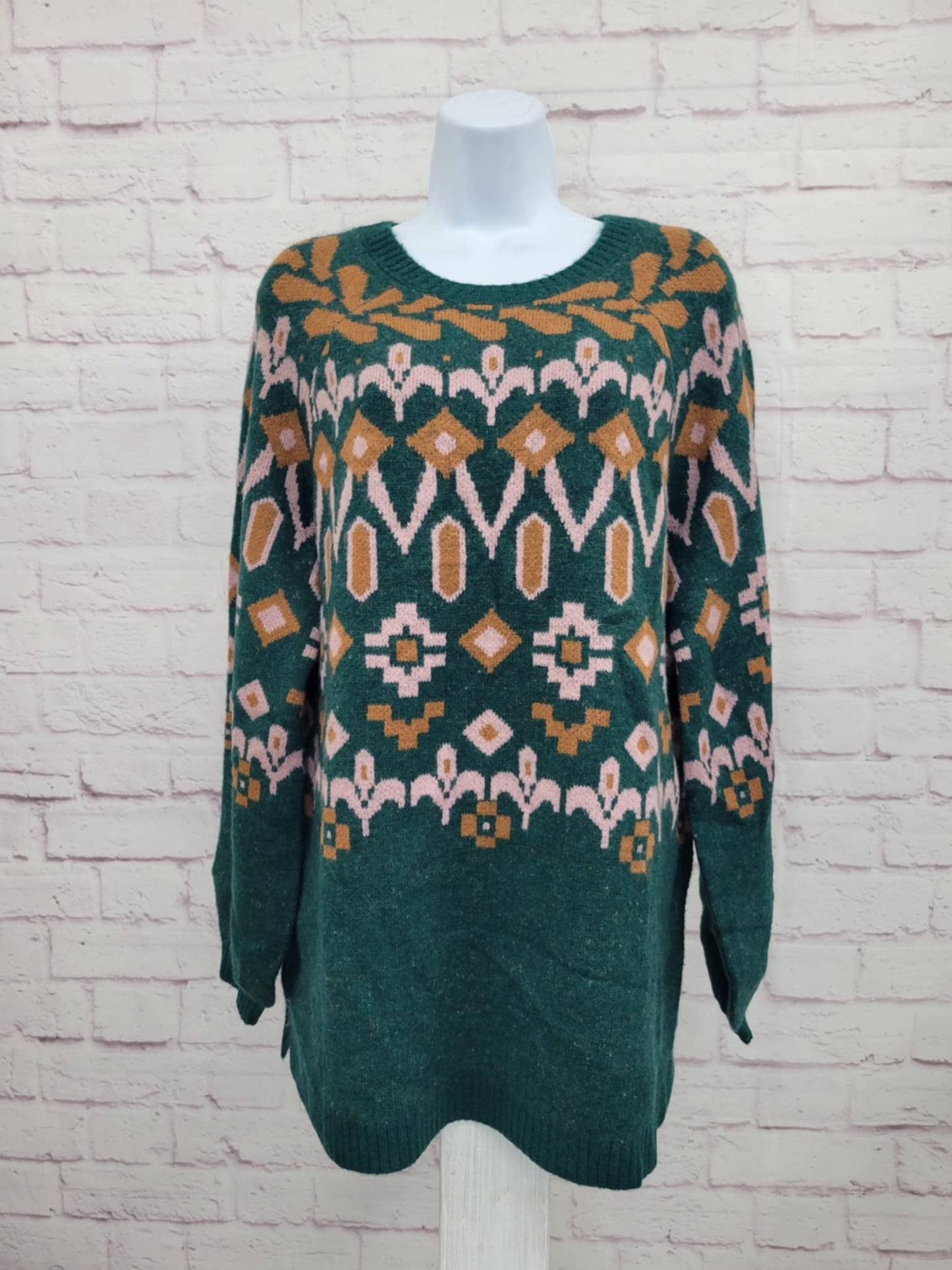 SMALL EVERGREEN A625859 Denim & Co. Canyon Retreat Balloon Sleeve Fair Isle Sweater