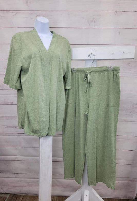 LARGE OLIVE A630870 Carole Hochman Cardigan and Wide Leg Cropped Pant Set