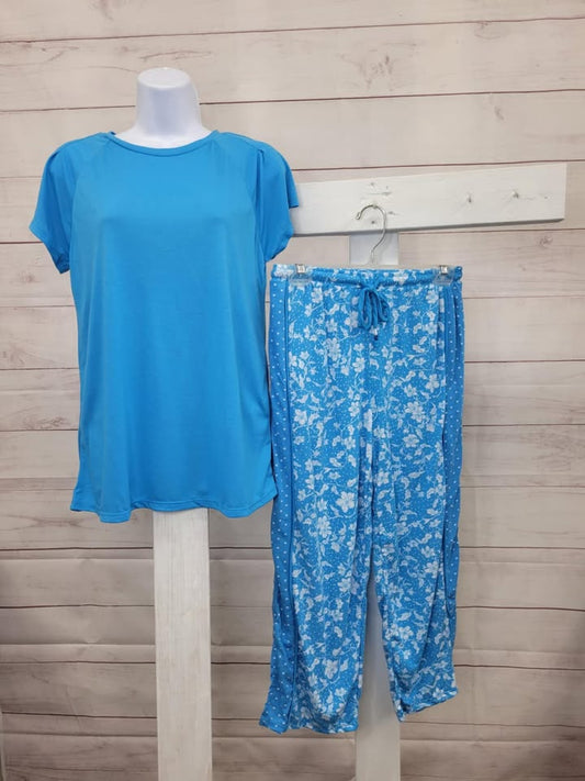 XSMALL BLUE A479140 Cuddl Duds Blue Skies Flutter Sleeve Top & Crop Pant Pajama Set