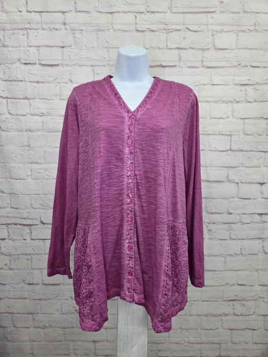 SMALL ORCHID A632682 LOGO by Lori Goldstein Distressed Cotton Cardigan with Eyelet