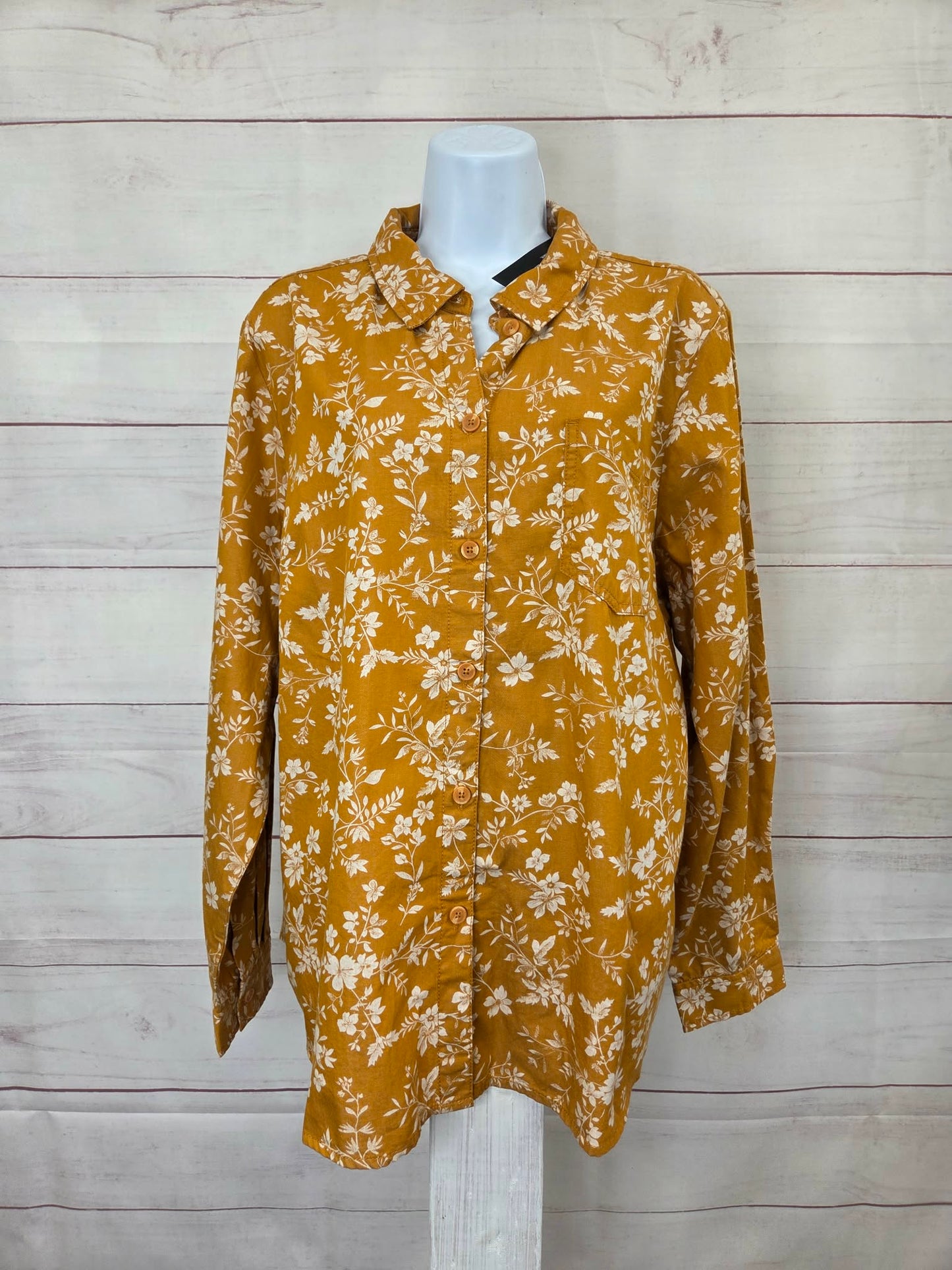 LARGE HONEY A688997 Joan Rivers Cotton Chambray Floral Classic Button Frnt Shirt