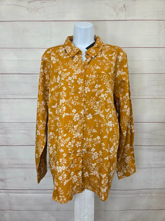LARGE HONEY A688997 Joan Rivers Cotton Chambray Floral Classic Button Frnt Shirt