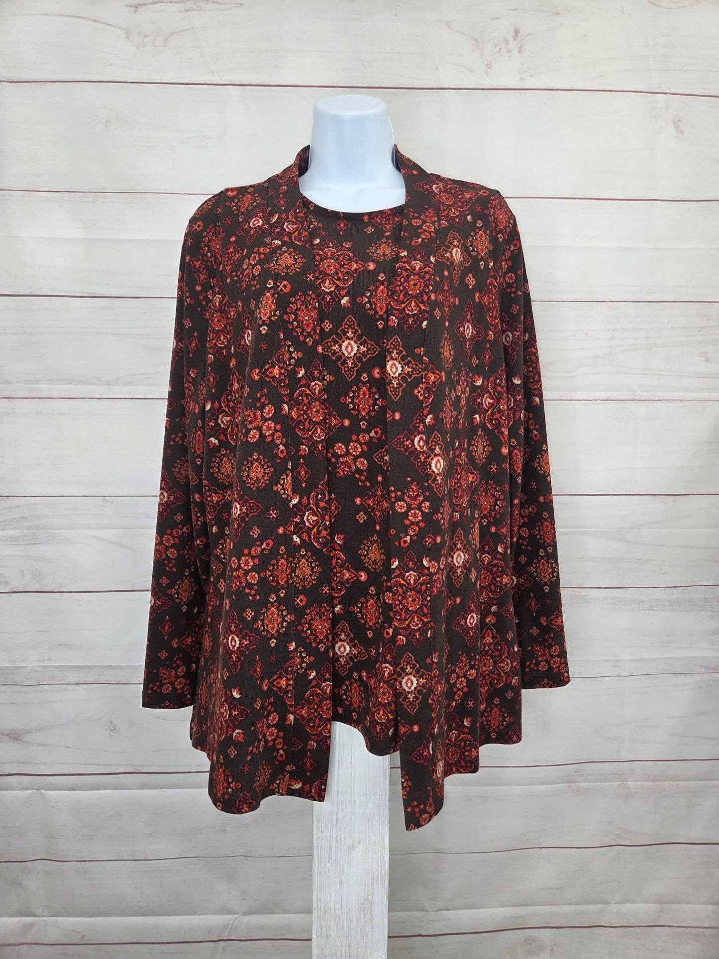 LARGE RUST A457972 Denim & Co. Printed Heavenly Jersey Tunic Cardigan with Tank