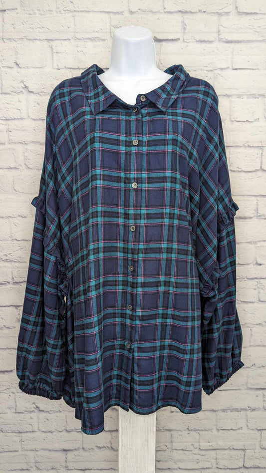 5X PLAID A462110 Candace Cameron Bure Button Front Plaid Shirt w/ Ruffle Detail