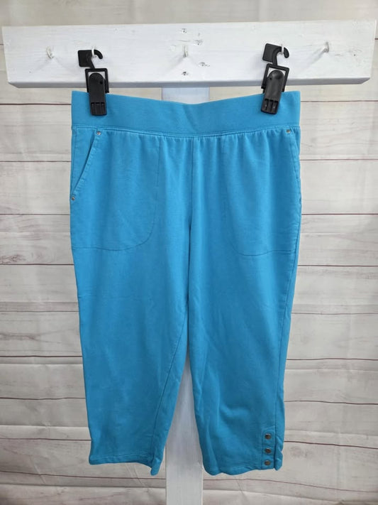 SMALL AQUA A594364 Sport Savvy Petite French Terry Slim Leg Capri w/ Snap Detail