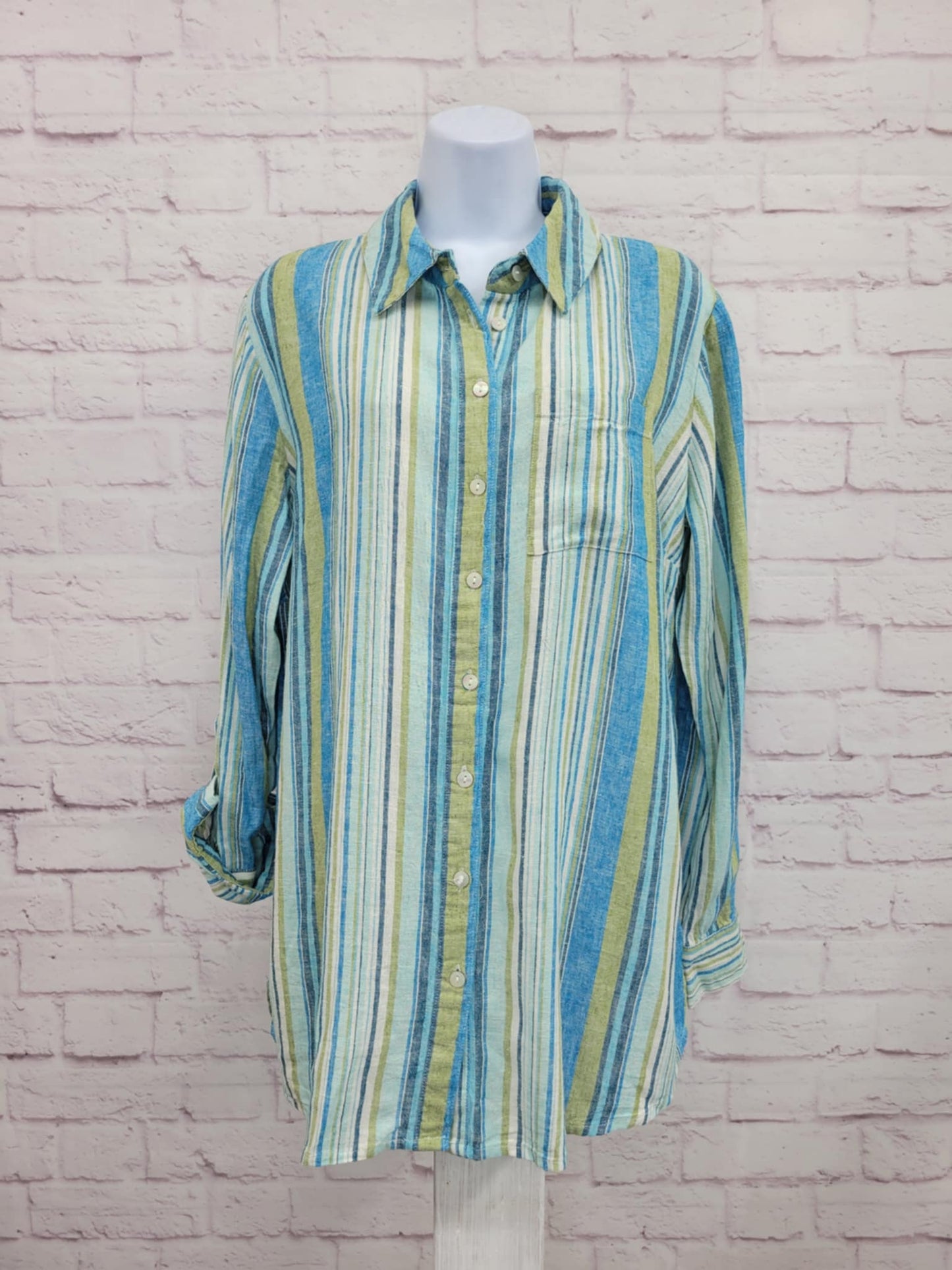 SMALL LAGOON STRIPE A643833 Denim & Co. Naturals Linen Blend Regular Button-Front Tunic