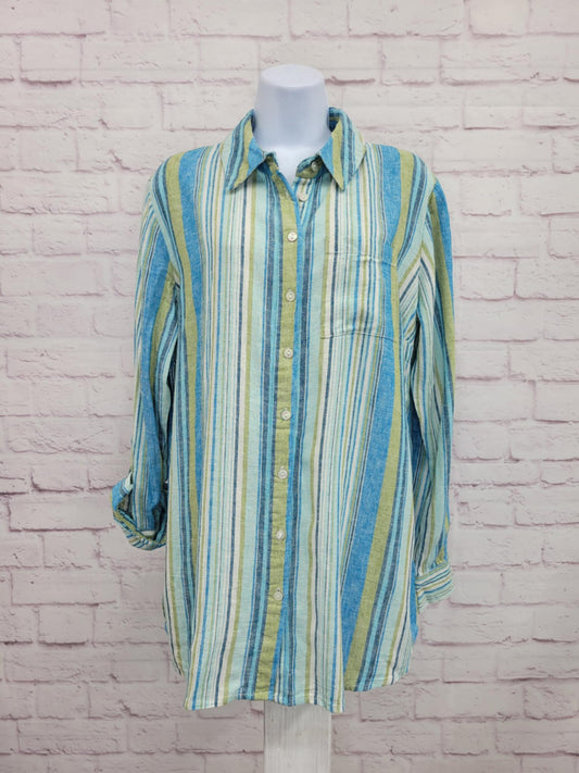 SMALL LAGOON STRIPE A643833 Denim & Co. Naturals Linen Blend Regular Button-Front Tunic