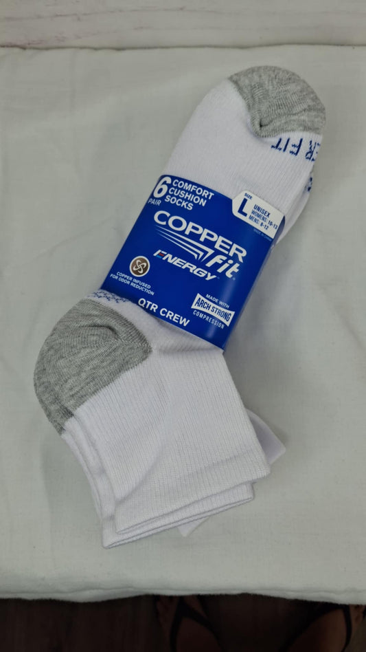 Copper Fit 6-Pack Quarter Crew Sock - Large White