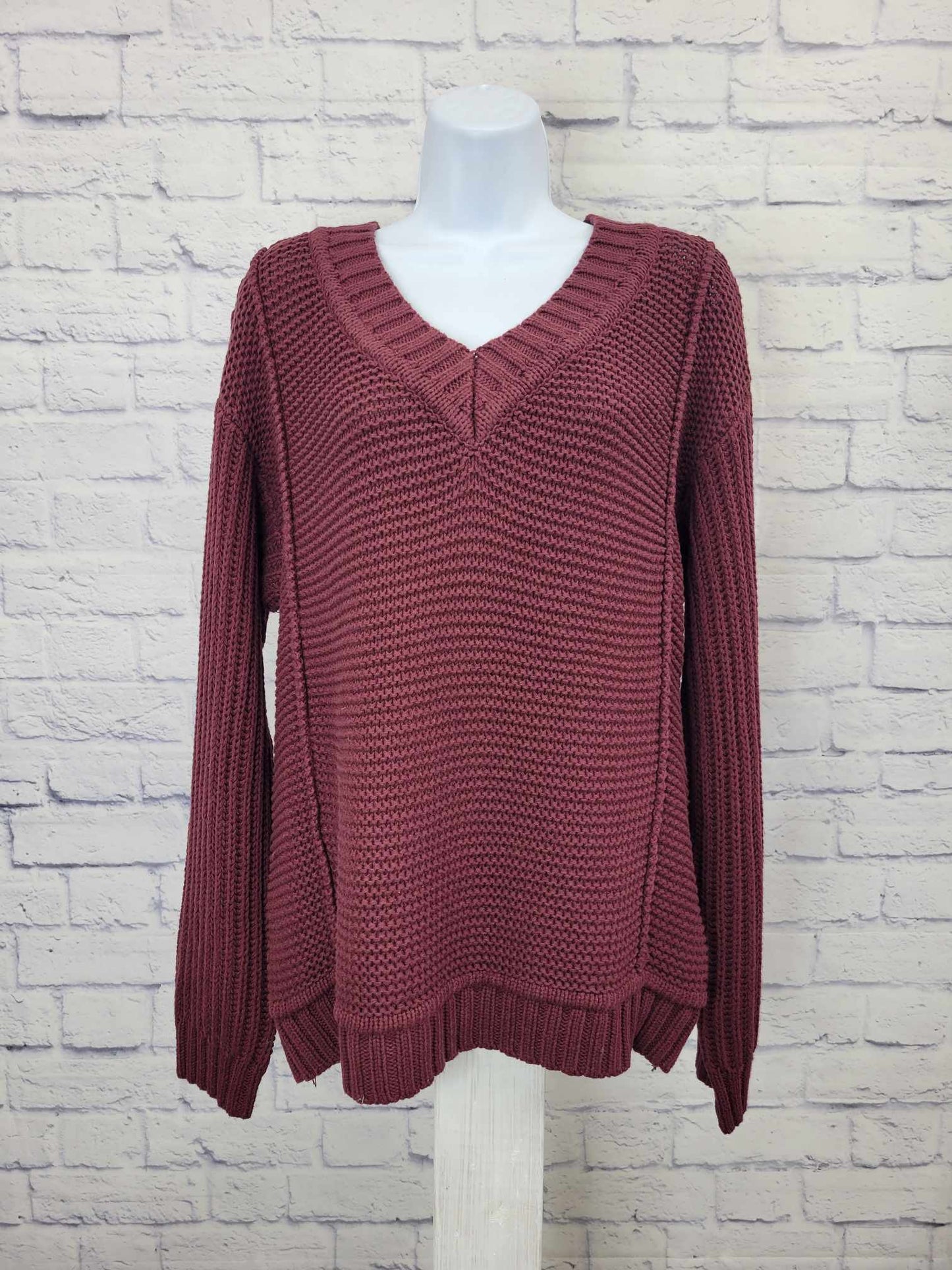 SMALL WINE A518984 Encore by Idina Menzel Mixed Stitch V-Neck Sweater