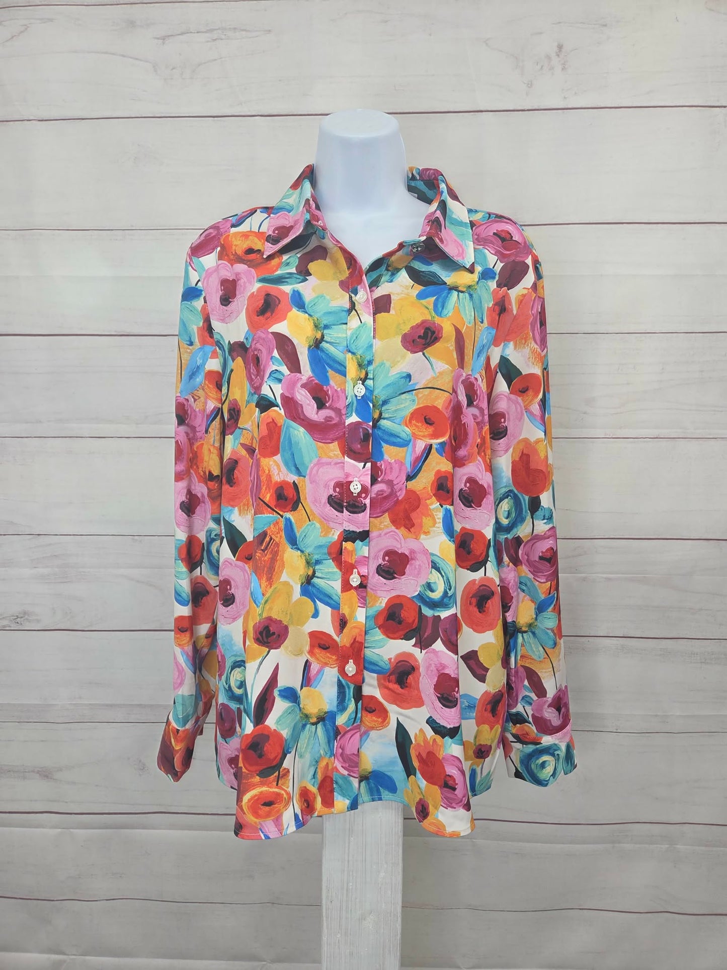 MEDIUM ROSE A706753 Susan Graver Printed Stretch Peachskin Button-Front Shirt