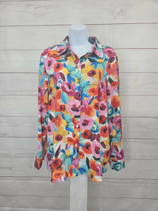MEDIUM ROSE A706753 Susan Graver Printed Stretch Peachskin Button-Front Shirt