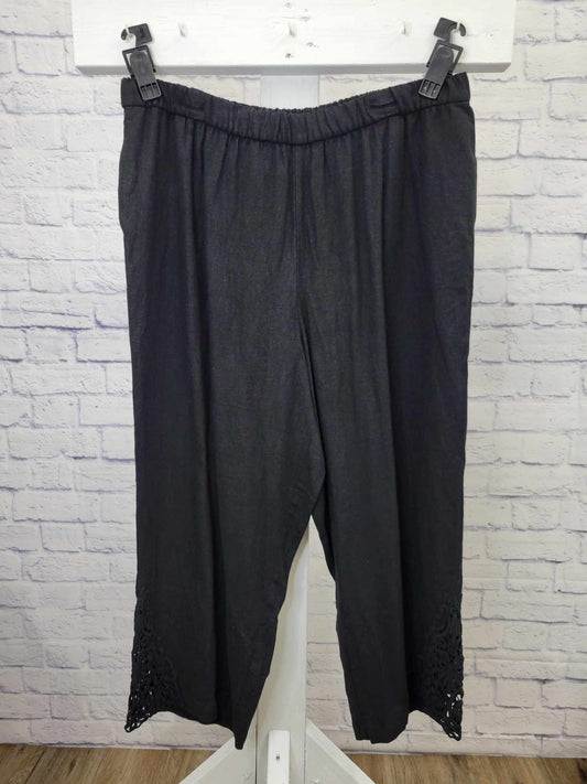 1X BLACK A508747 Susan Graver Pure Regular Linen Blend Crop Pants w/Lace Inset