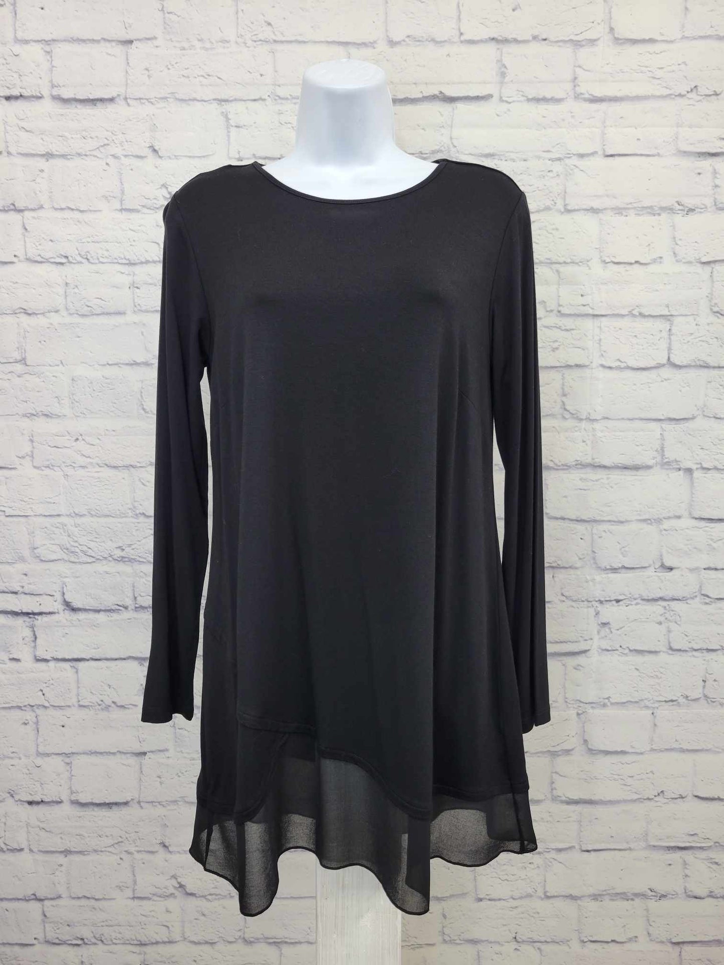 XSMALL BLK A391077 Joan Rivers Long Sleeve Jersey Swing Top with Chiffon Detail