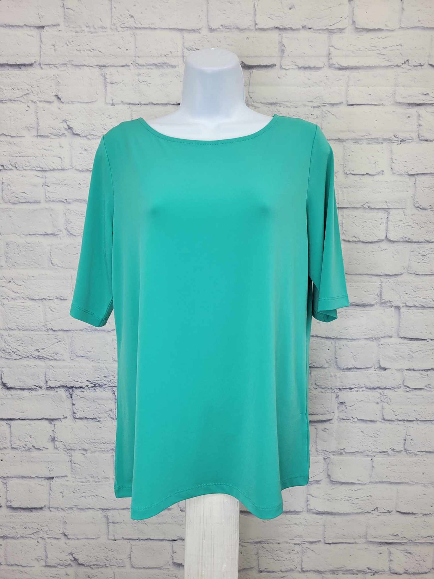 SMALL TURQUOISE A213063 Susan Graver Essentials Liquid Knit Bateau Neck Top w/Elbow Sleeves