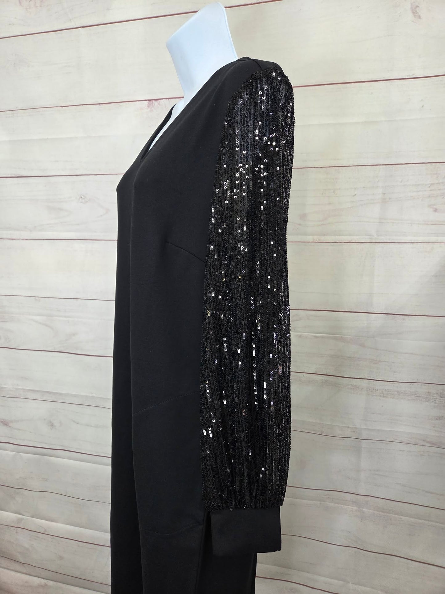 LARGE PETITE BLACK A708382 Jingle Belles by Kim Gravel Petite Ponte Dress with Sequin Sleeves