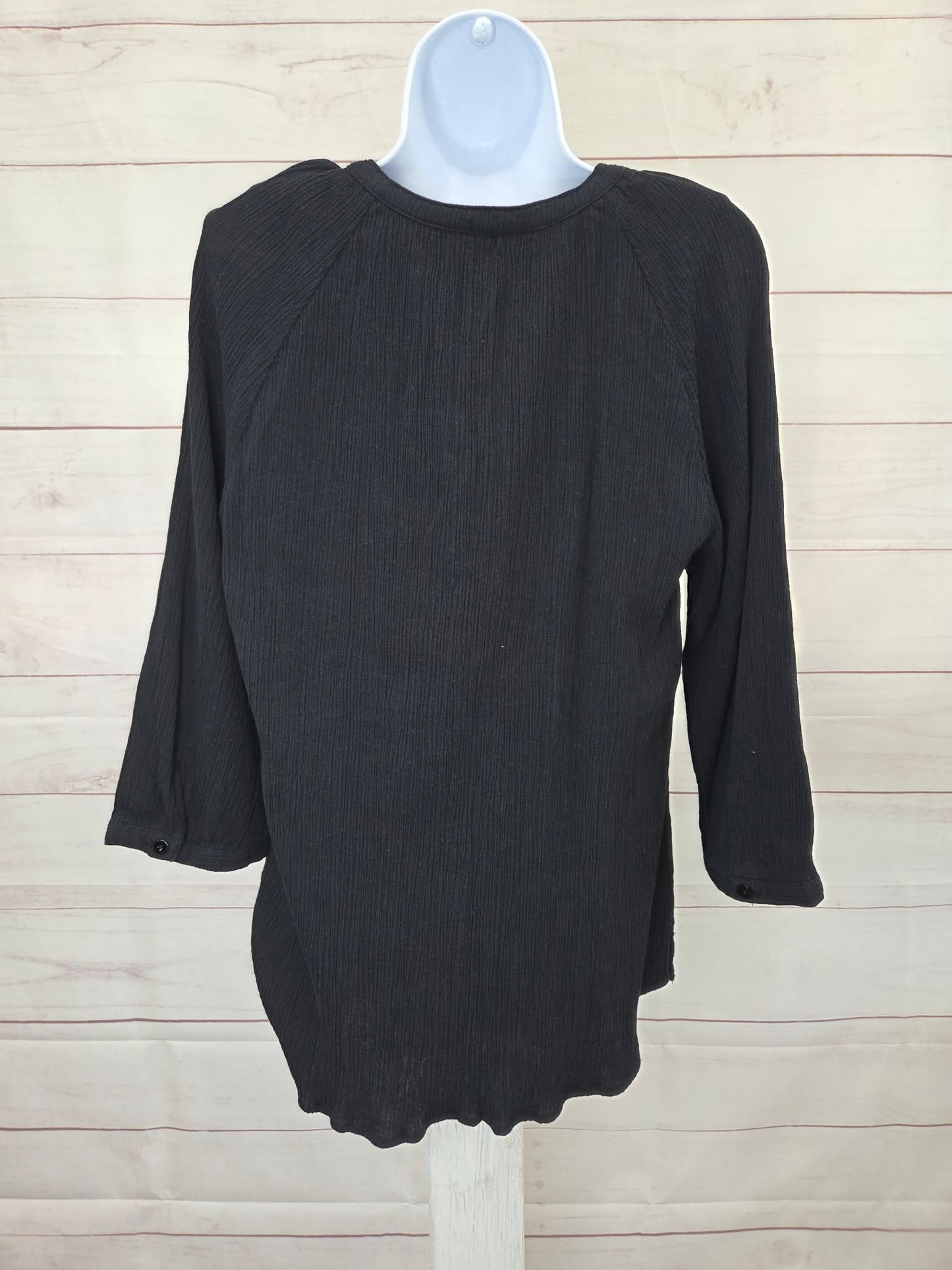 LARGE BLACK A214343 Denim & Co. 3/4 Sleeve Gauze Peasant Shirt with Knit Tank