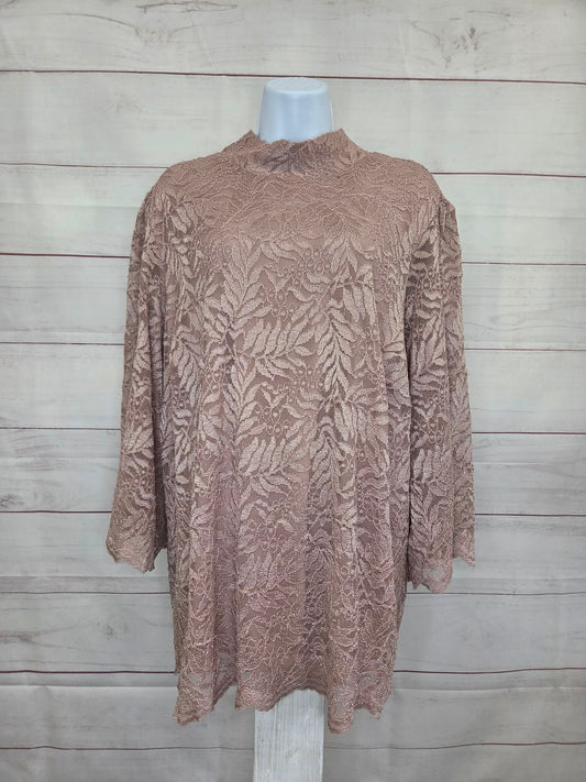 1X A700419 Susan Graver Occasions Stretch Lace Bell-Sleeve Top CHAMPANGE