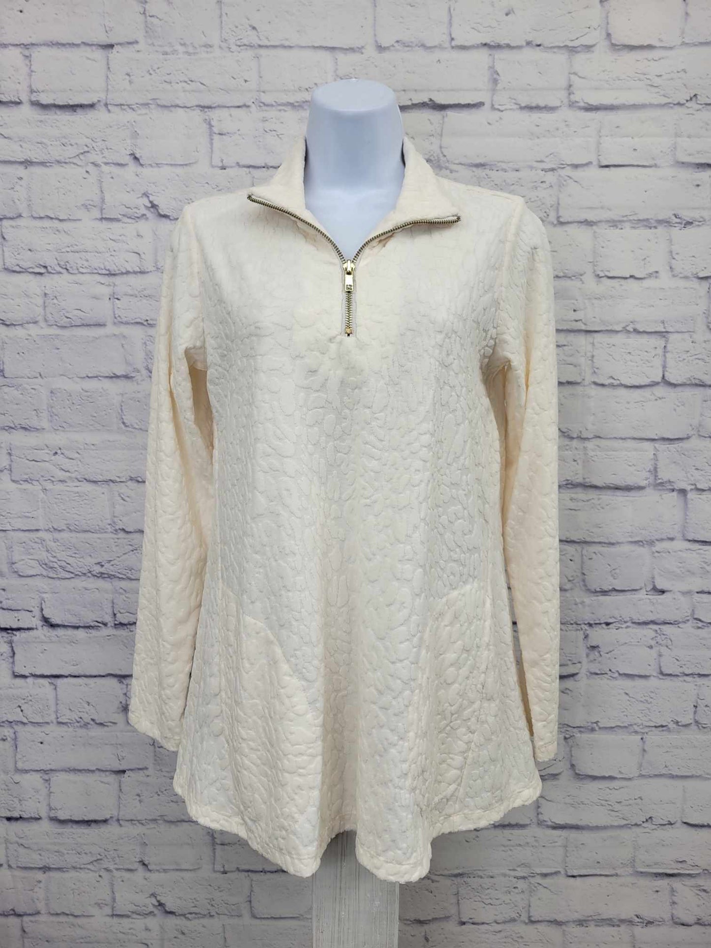 XXSMALL IVORY A387774 Susan Graver Weekend Burnout Jacquard Knit Half-Zip Top